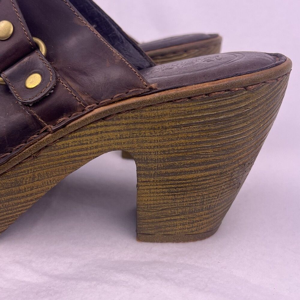 Born Brown Leather Platform Mules Chunky High Heel Clogs Studded Buckle Size 11 - Picture 14 of 16